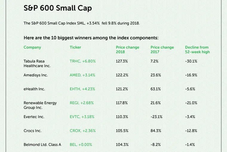 Tabula Rasa Healthcare, the South Jersey drug-delivery software company, was #1, and BioTelemetry, the Chester County heart monitor systems maker, was #9, for share price gains among the S&P 600 U.S. small-cap publicly-traded stocks in 2018. Chart source: MarketWatch