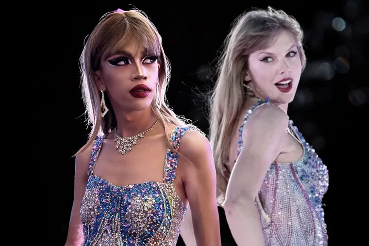 Swifties in the Philippines packed a mall to watch their version of Taylor Swift's Eras Tour, featuring drag performer Taylor Sheesh. Videos of the show have gone viral. We spoke with Sheesh about it. (Left: Taylor Sheesh provided by Sheesh. Right: Swift in Philadelphia by Staff Photographer Elizabeth Robertson.)