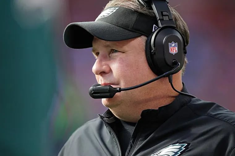 Eagles coach Chip Kelly watches his team get blown out by the Broncos. (Joe Mahoney/AP)