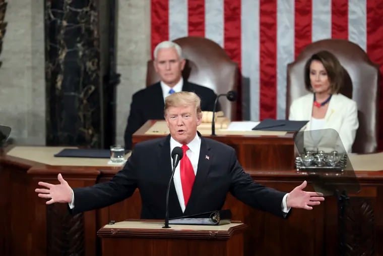FILE - In this Feb. 5, 2019, file photo, President Donald Trump delivers his State of the Union address to a joint session of Congress on Capitol Hill in Washington, as Vice President Mike Pence and Speaker of the House Nancy Pelosi, D-Calif., watch. Two decades ago, President Bill Clinton delivered his State of the Union address before a nation transfixed by his impeachment. He didn’t use the I-word once. President Donald Trump is far from the first president to deliver a State of the Union address in a time of turmoil. (AP Photo/Andrew Harnik, File)
