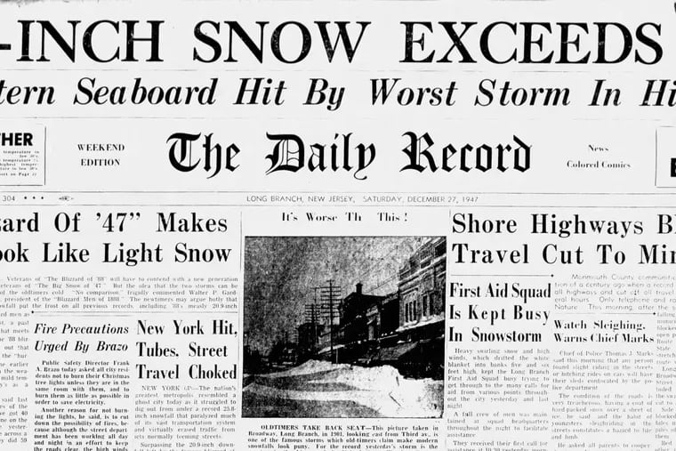 The front page of The Daily Record of Long Branch, N.J., proclaiming a record snow. It finally has been verified 75 years later.