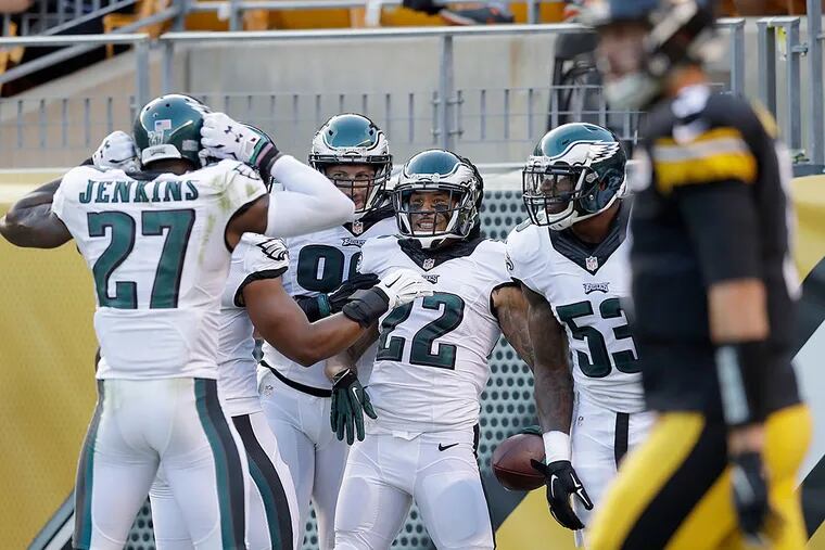 Nolan Carroll celebrates with his teammates after scoring a touchdown against the Steelers.