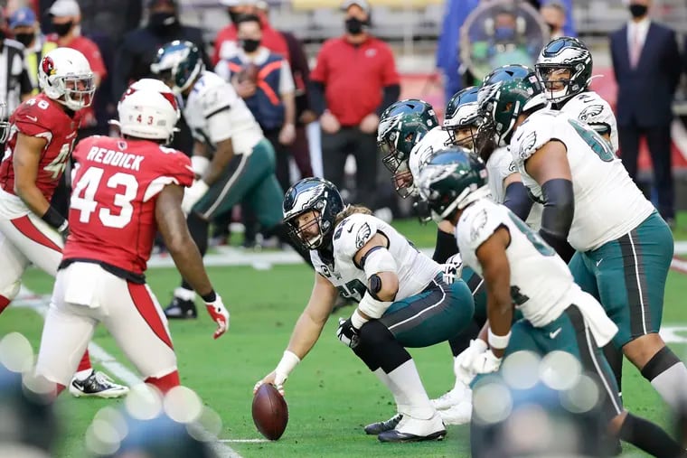 Center Jason Kelce will lead the same offensive line this week as last week, a novelty for the 2020 Eagles.