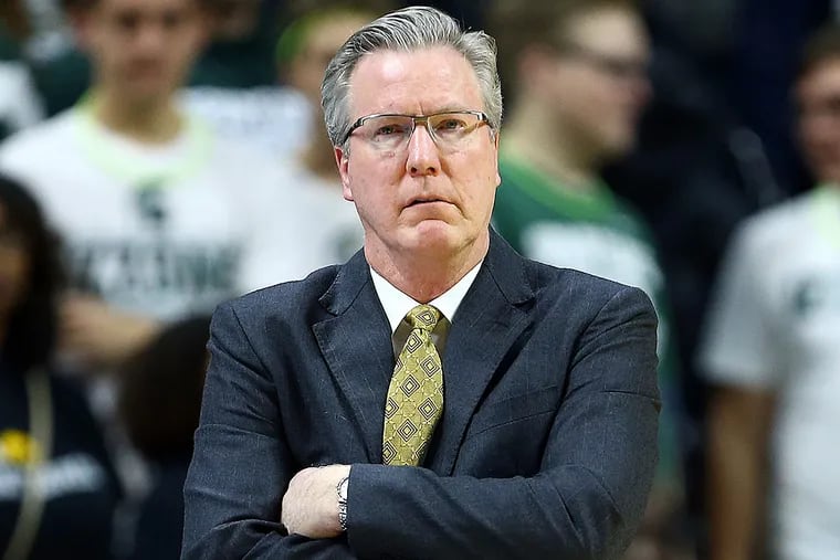 Iowa Hawkeyes head coach Fran McCaffery stands on the court during the 2nd half of a game against the Michigan State Spartans at Jack Breslin Student Events Center.