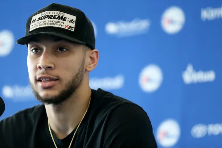 Sixers’ Ben Simmons talks to reporters at the Sixers practice facility in Camden, NJ on May 10, 2018.