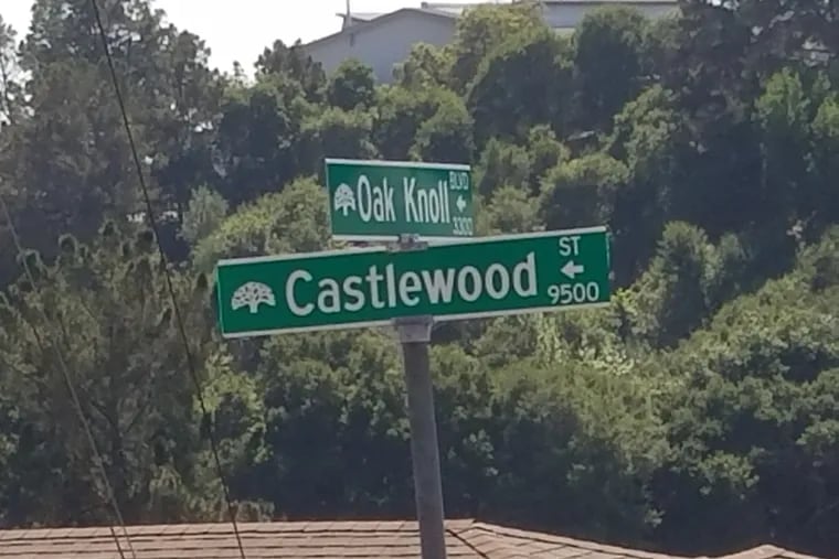 The street sign marking the Castlewood block where Reverend Mark Tyler grew up in Oakland.