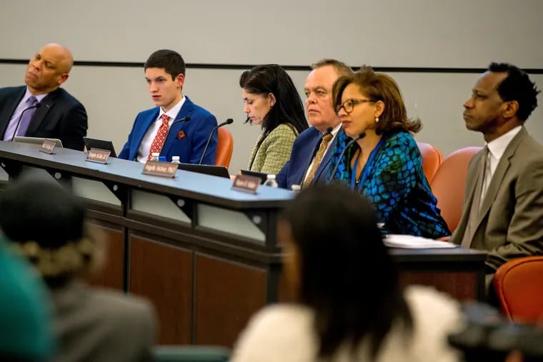 The Philadelphia School Board listens to testimony last week before voting on whether to approve three new charter schools. From left are: Superintendent William R. Hite Jr.; Student Board Representative Alfredo Praticò; and members Maria McColgan, Chris McGinley, Angela McIver, and Wayne Walker.
