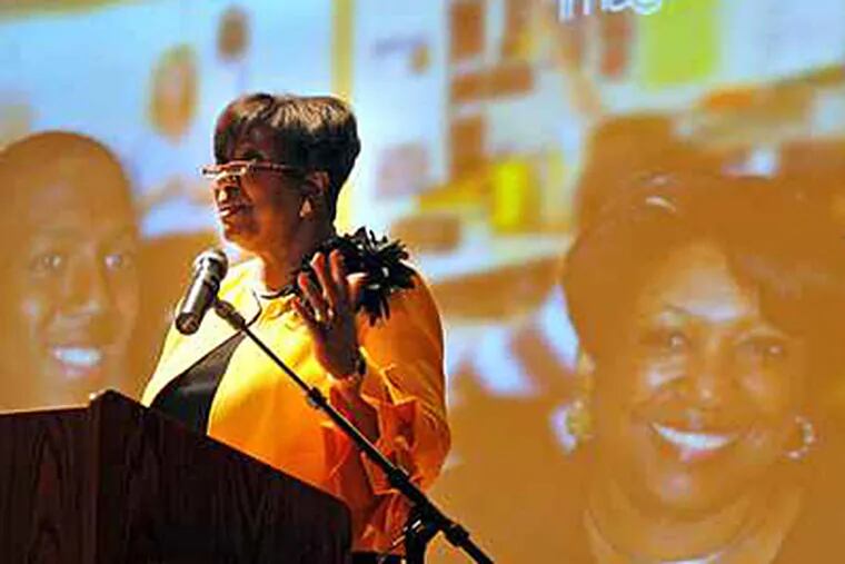 In front of a giant projection screen, Philadelphia School District Superintendent Arlene Ackerman formally kicks off the 2009-10 school year with her Principals' Convocation on Aug. 10. ( Tom Gralish / Staff Photographer / File )