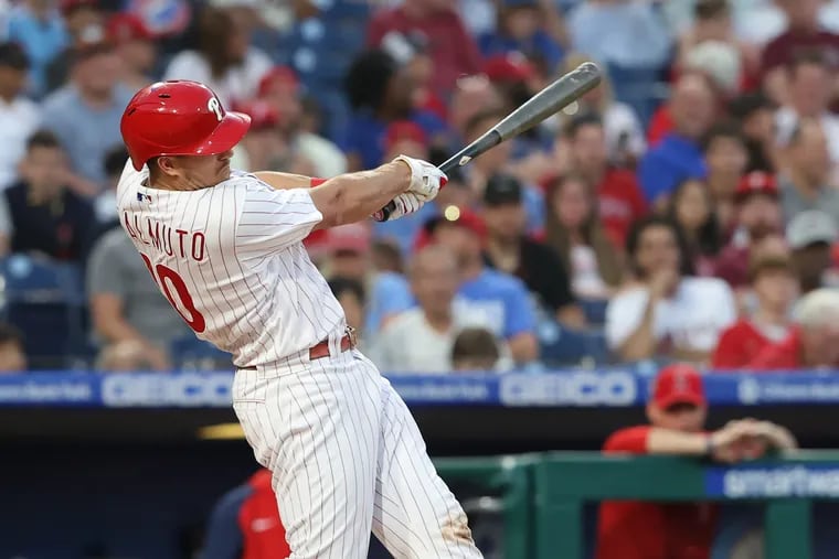 J.T. Realmuto of the Phillies doubles in the 2nd inning against the Angels on June 4, 2022.