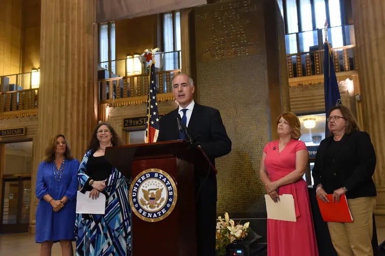 Sen. Bob Casey speaks at a news conference along with local immigration activists at 30th Street Station, demanding that  the Trump administration produce a plan to reunite families who have been separated at the border.