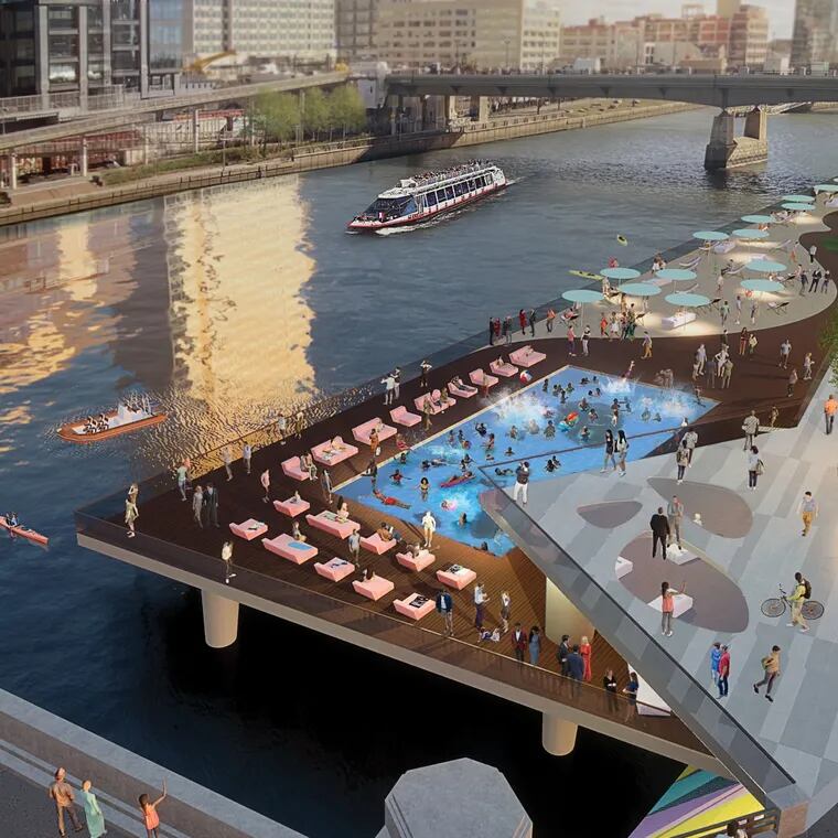 A rendering of the proposed water park that University City District wants to build on the banks of the Schuylkill.