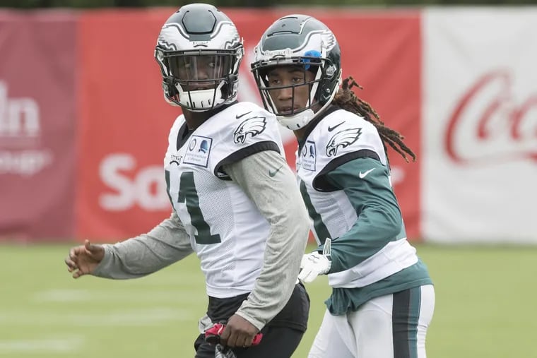 Philadelphia Eagles' .Ronald Darby, CB, (21) right, covers Jeremy Reaves, S, (41) during NFL football training camp at the Nova Care Center, Philadelphia. Monday, August 20, 2018.