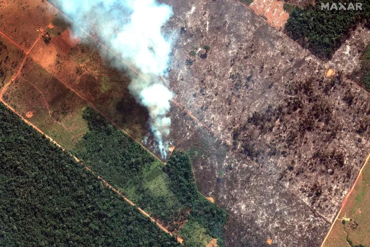 This Aug. 15, 2019 satellite image from Maxar Technologies shows closeup view of a fire southwest of Porto Velho Brazil. Brazil's National Institute for Space Research, a federal agency monitoring deforestation and wildfires, said the country has seen a record number of wildfires this year as of Tuesday, Aug. 20. (Satellite image ©2019 Maxar Technologies)