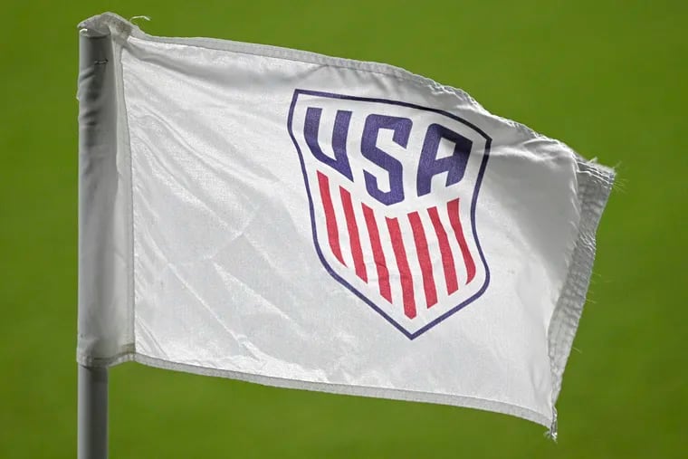 The United States Soccer Federation logo is viewed on a corner flag on the pitch.