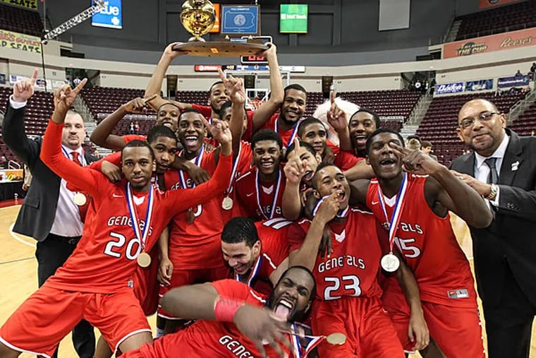 Constitution's celebrates their 61-59 win over Seton-La Salle's for
the PIAA District AA Boys' Basketball Championship at the Giant Center
in Hershey, Pa., Saturday,  March 22, 2014.  (Steven M. Falk/Staff Photographer)