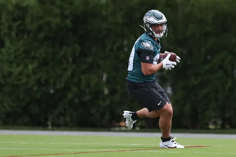 Eagles running back Will Shipley of Clemson runs a drill during rookie minicamp at the NovaCare Complex in Philadelphia on Friday, May 3, 2024.