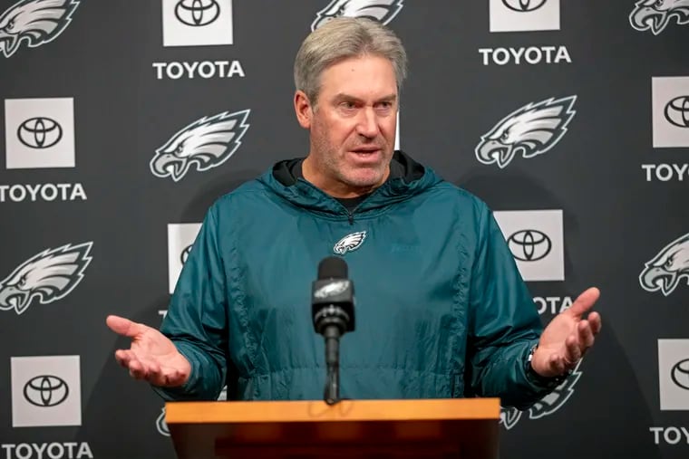 Eagles head coach Doug Pederson answers a question during his news conference at the NovaCare Complex the day after the loss in Dallas.