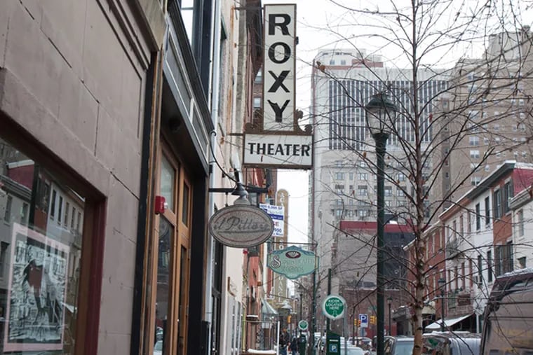 After years of neglect, Sansom Street landmark Roxy Theater has reopened after a 12-month renovation project by owner John Ciccone and his handpicked tenant operator, the Philadelphia Film Society. Here, the Sansom Street entrance and the familiar marquee. (Ed Hille/Staff Photographer)