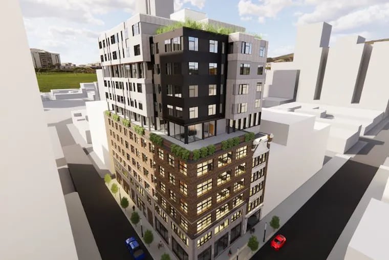 The proposed Hightop hotel at Seventh and Chestnut, looking southwest.