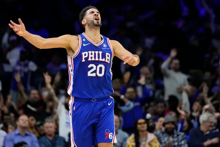 The Sixers' Georges Niang reacts after making a basket during the second half of an NBA game against the Phoenix Suns.