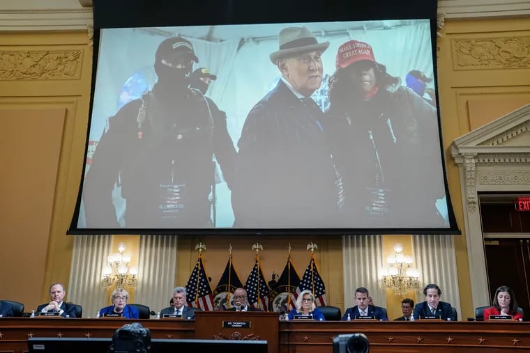 Roger Stone is seen on the screen as the House committee investigated the Jan. 6, 2021, attack on the U.S. Capitol.
