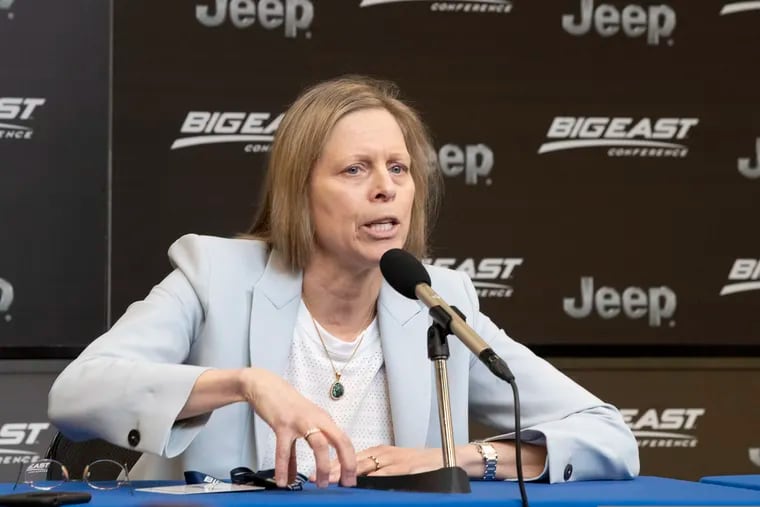 Big East Conference Commissioner Val Ackerman speaks to reporters after the remaining NCAA college basketball games in the men's Big East Conference tournament were were canceled due to coronavirus concerns, Thursday, March 12, 2020, at Madison Square Garden in New York.