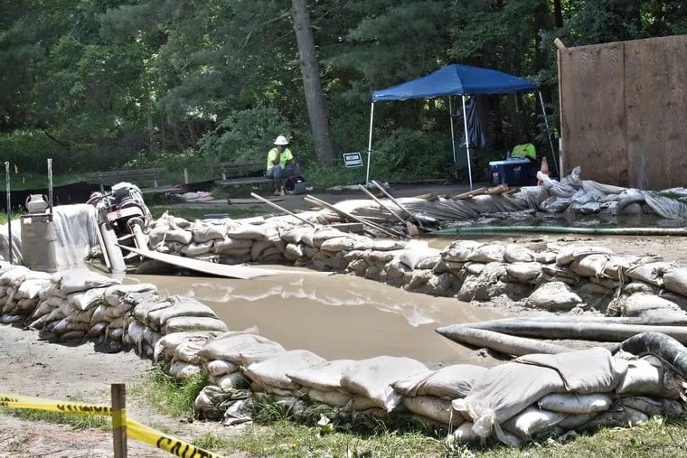 Contractors work at a construction site for the Mariner East 2 pipeline near the Tunbridge Apartments in Media, Delaware County. The site has been prone to "frac-outs." the accidental release of fluid from underground drilling, to the chagrin of tenants and management alike.
