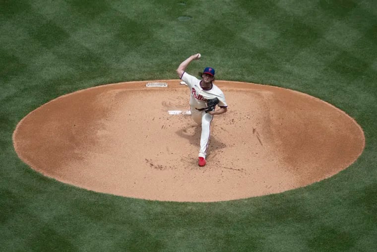 Phillies’ Aaron Nola throws during the first inning against the Toronto Blue Jays at Citizens Bank Park in Philadelphia.