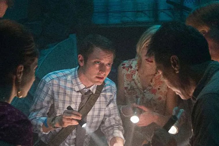 Rebekkah (Nasim Pedrad, left), Wade (Rainn Wilson, left center), Clint (Elijah Wood, center), Lucy (Alison Pill, right center), Tracy (Jack McBrayer, right) and Mr. Hatachi (Peter Kwong, far right) in "Cooties." (Photo Credit: Lionsgate Premiere )