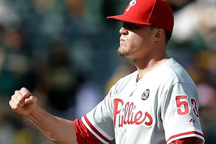Philadelphia Phillies' Ken Giles celebrates after at the end of a baseball game against the Oakland Athletics, Saturday, Sept. 20, 2014, in Oakland, Calif. The Phillies won 3-0. (Ben Margot/AP)