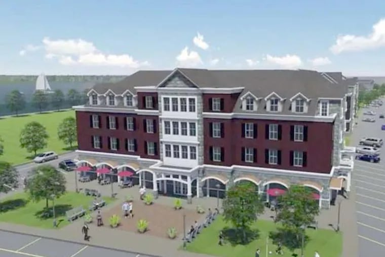 A screen shot from a video shows the two four-story apartment buildings that would be part of the housing and retail complex. Pearl Pointe would have 183 luxury and market-rate units, according to the development plans.
