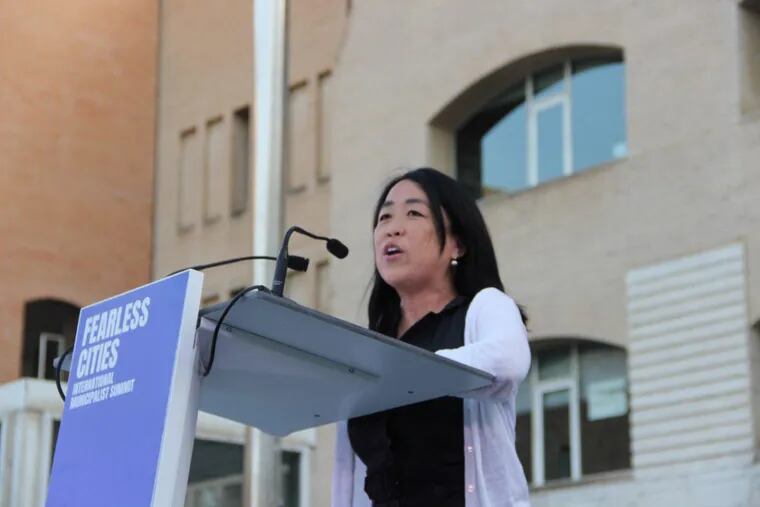 Philadelphia city councilwoman Helen Gym addresses a crowd at Fearless Cities, a progressive municipality conference in Barcelona last weekend.