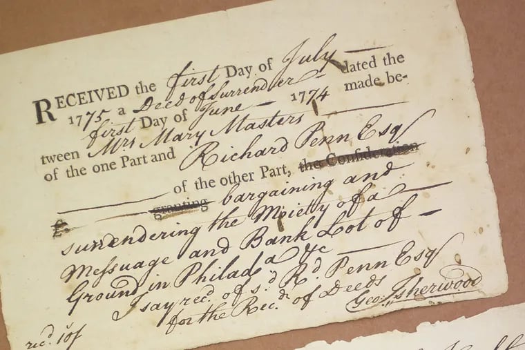 Detail of the deed for the land purchased by Richard Penn, grandson of William Penn, in July of 1775, for the ground at 6th and Market for the home where Washington lived in Philadelphia. MICHAEL BRYANT / Staff Photographer