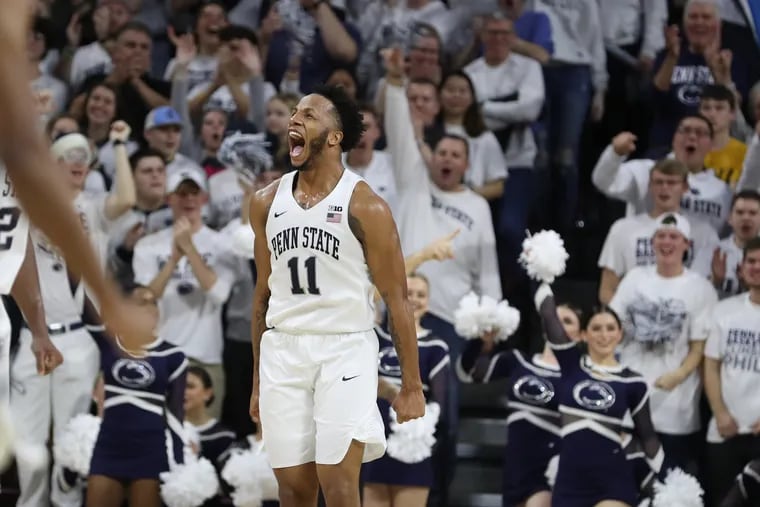 Lamar Stevens of Penn State celebrates after the Nittany Lions took the lead over Iowa in the first half.