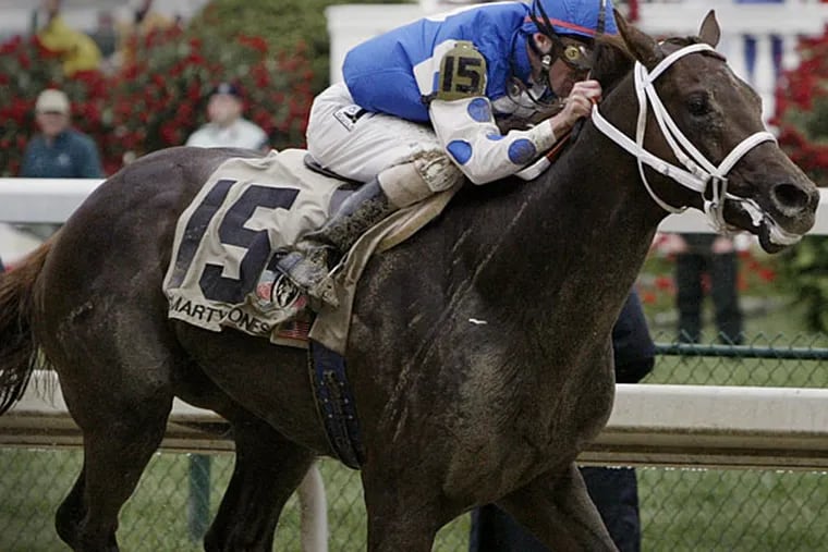 Smarty Jones with Stewart Elliott aboard drives to the finish to win the 130th Kentucky Derby at Churchill Downs in Louisville, Ky on Saturday, May 1, 2004. (Amy Sancetta/AP)