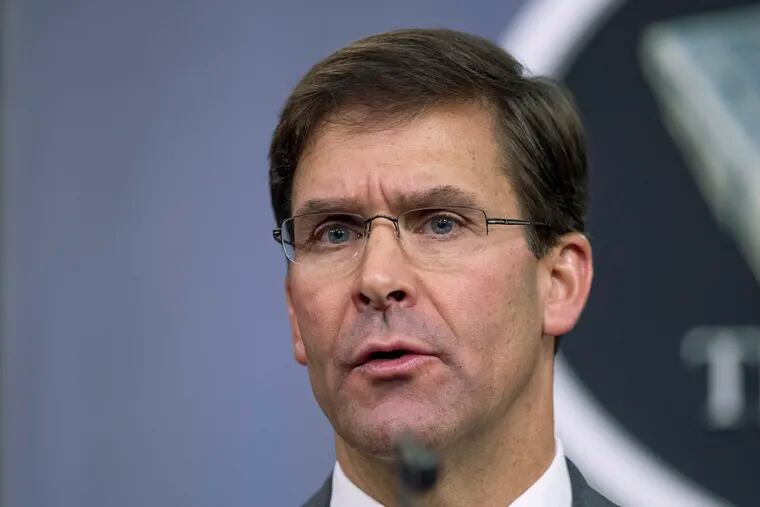 FILE - In this Aug. 28, 2019, file photo, Secretary of Defense Mark Esper speaks to reporters during a briefing at the Pentagon. Esper says the "impulsive" decision by Turkey to invade northern Syria will further destabilize a region already caught up in civil war. Esper says the invasion puts America's Syrian Kurdish partners "in harm's way," but insists the Kurds are not being abandoned. (AP Photo/Manuel Balce Ceneta, File)
