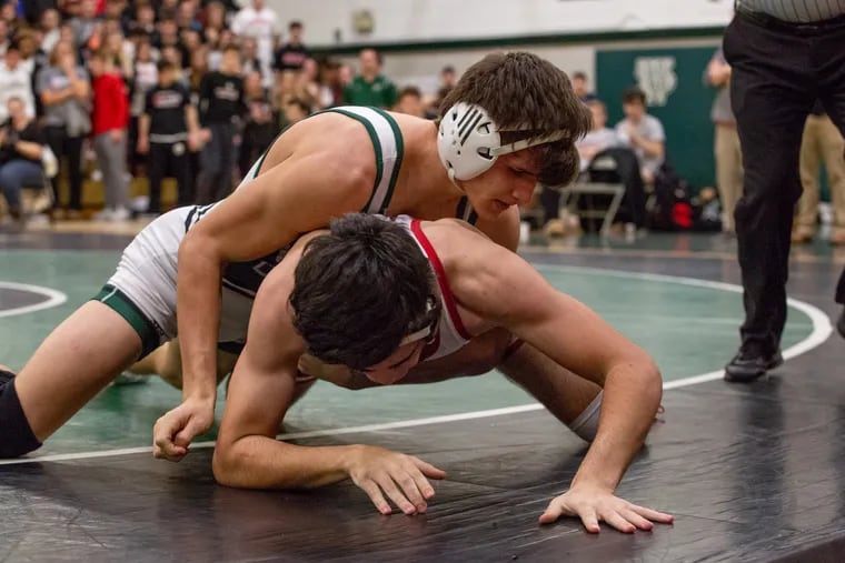 West Deptford's Corey Fischer wrestles Aiden Barr from Haddonfield High School to win the South Jersey Group 2 Championship at West Deptford, Friday, February 8, 2019.