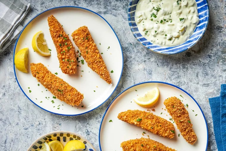 Baked Fish Sticks With Tartar Sauce. MUST CREDIT: Rey Lopez for The Washington Post; food styling by Lisa Cherkasky for The Washington Post
