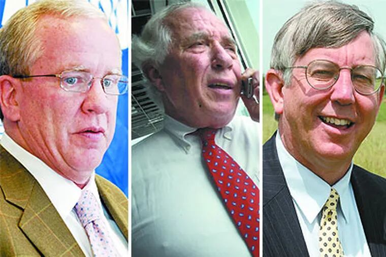 Philadelphia Parking Authority director Vince Fenerty (left) has insisted he knew nothing about a conflict in the Family Court project. But an email shows that a lobbyist told Fenerty in March 2008 that Don Pulver (middle) and attorney Jeff Rotwitt (right) would be co-developers. (Staff photos)