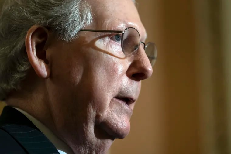 Senate Majority Leader Mitch McConnell, R-Ky., speaks to reporters at the Capitol in Washington, Tuesday, April 30, 2019.