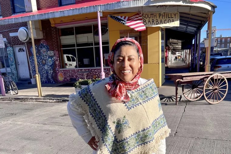 Chef-owner Cristina Martinez outside South Philly Barbacoa at Ninth and Ellsworth Streets on March 19, 2023.