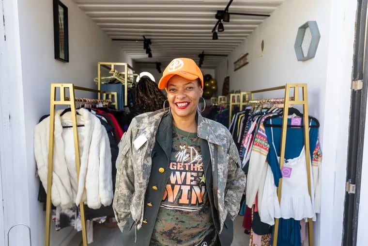 Mercedes Dennis, of Northeast Philadelphia, Owner of Purpose Purchase, at her shop at the new 4th District Container Village in West Philadelphia on Saturday.