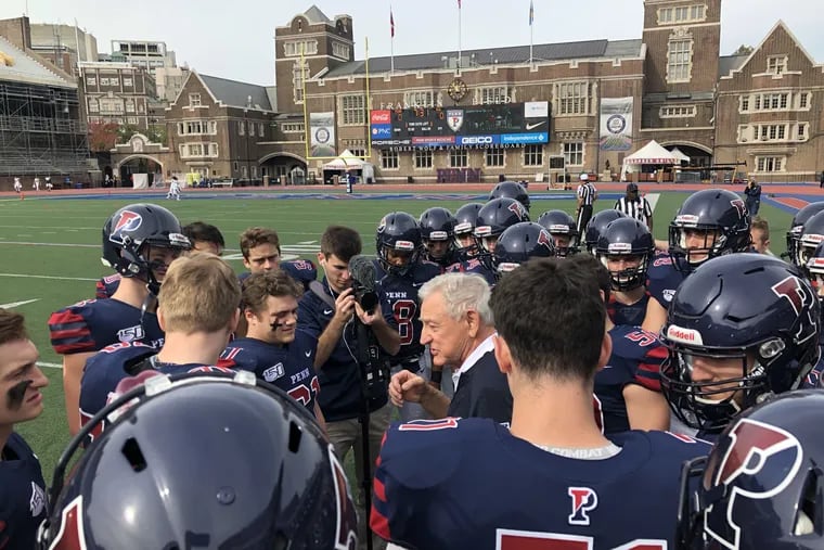 Penn sprint team coach Bill Wagner, at his last Franklin Field game after 50 years as head coach, addresses his team before Saturday's game.