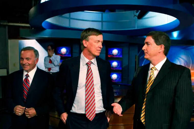 Candidates for Colorado governor (from left) Tom Tancredo of the American Constitution Party, Democrat John Hickenlooper, and Republican Dan Maes before a debate.