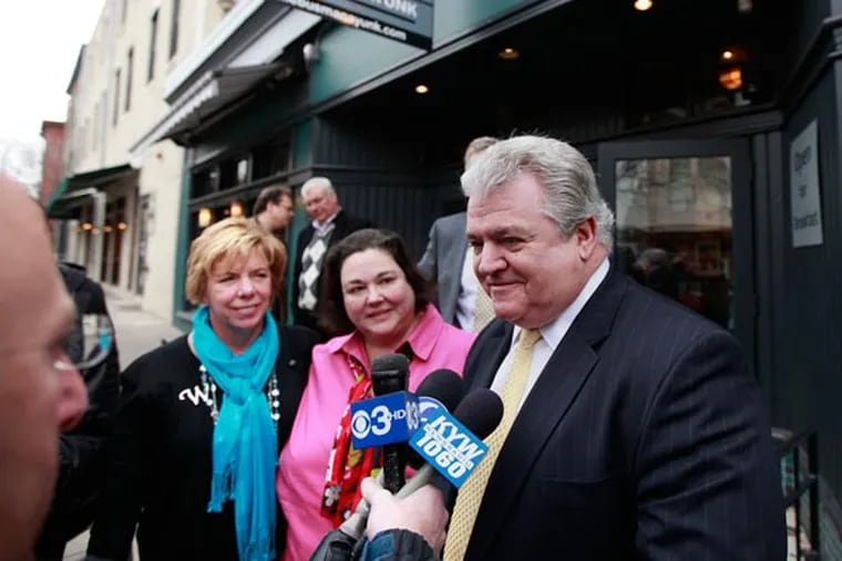 ( L - R ) Winnie Clowry, owner of Winnie's Le Bus, Jane Lipton, exectutive director of the Manayunk Development Coorporation, and Congressman Bob Brady leave Winnie's after a meeting about the future of the Philadelphia Bike Race January 25, 2013.  ( DAVID SWANSON / Staff Photographer )