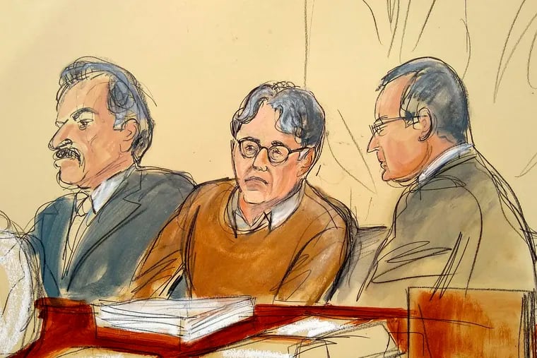 FILE - In this Tuesday, May 7, 2019 file courtroom drawing, defendant Keith Raniere, center, leader of the secretive group NXIVM, is seated between his attorneys Paul DerOhannesian, left, and Marc Agnifilo during the first day of his sex trafficking trial.  After weeks of relentlessly lurid testimony, federal prosecutors  have wrapped up their case against Raniere, a former self-improvement guru accused of sex trafficking. Both prosecutors and defense lawyers told the judge Friday, June 14  they were finished calling witnesses. Closing arguments and jury deliberations will happen next week. (Elizabeth Williams via AP, File)