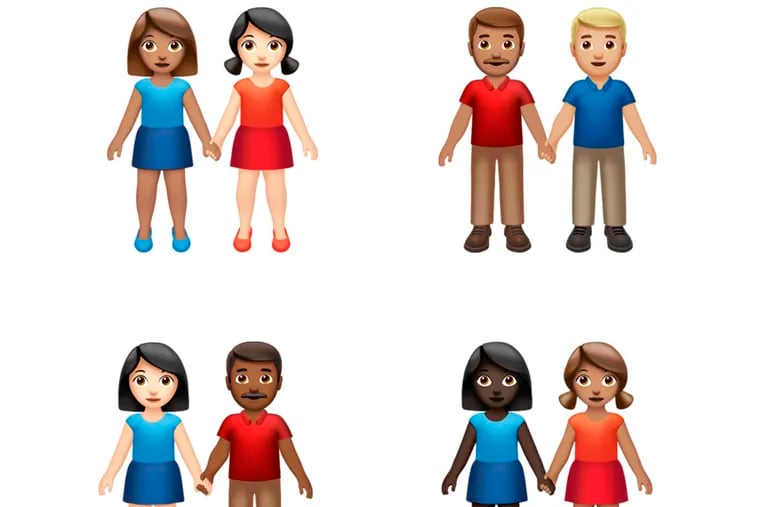 This image provided by Apple shows new emoji's released by Apple.  Both Apple and Google are rolling out dozens of new emojis that, as usual, included cute crittters, but also ones that expand the boundaries of inclusion. The announcement coincides with Wednesday, July 17, 2019 World Emoji Day.  (Apple via AP)