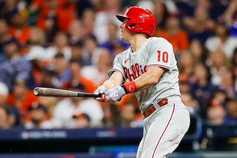Phillies catcher J.T. Realmuto watches his solo home run in the10th  inning of Game 1 against the Houston Astros.