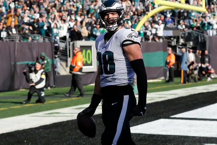 Eagles tight end Dallas Goedert yells after scoring a first quarter touchdown against the New York Jets on December 5.