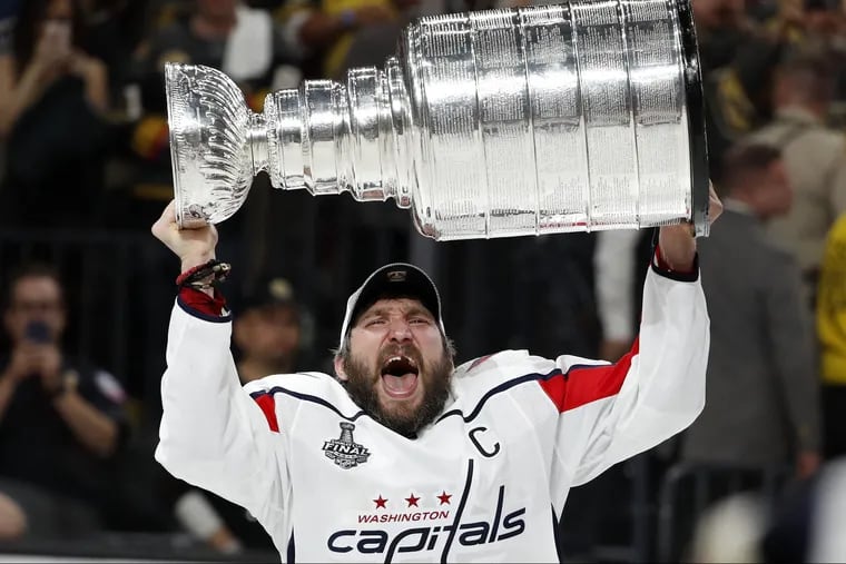 Alex Ovechkin hoists the Stanley Cup after the Capitals defeated the Golden Knights, 4-3, in Game 5 of the Stanley Cup Final Thursday night in Vegas. 
